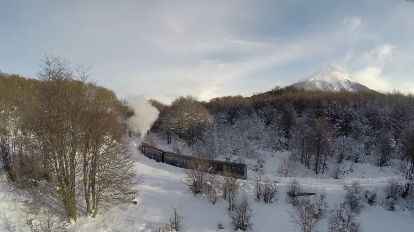 The train crossing a snowy forest valley with steam rising