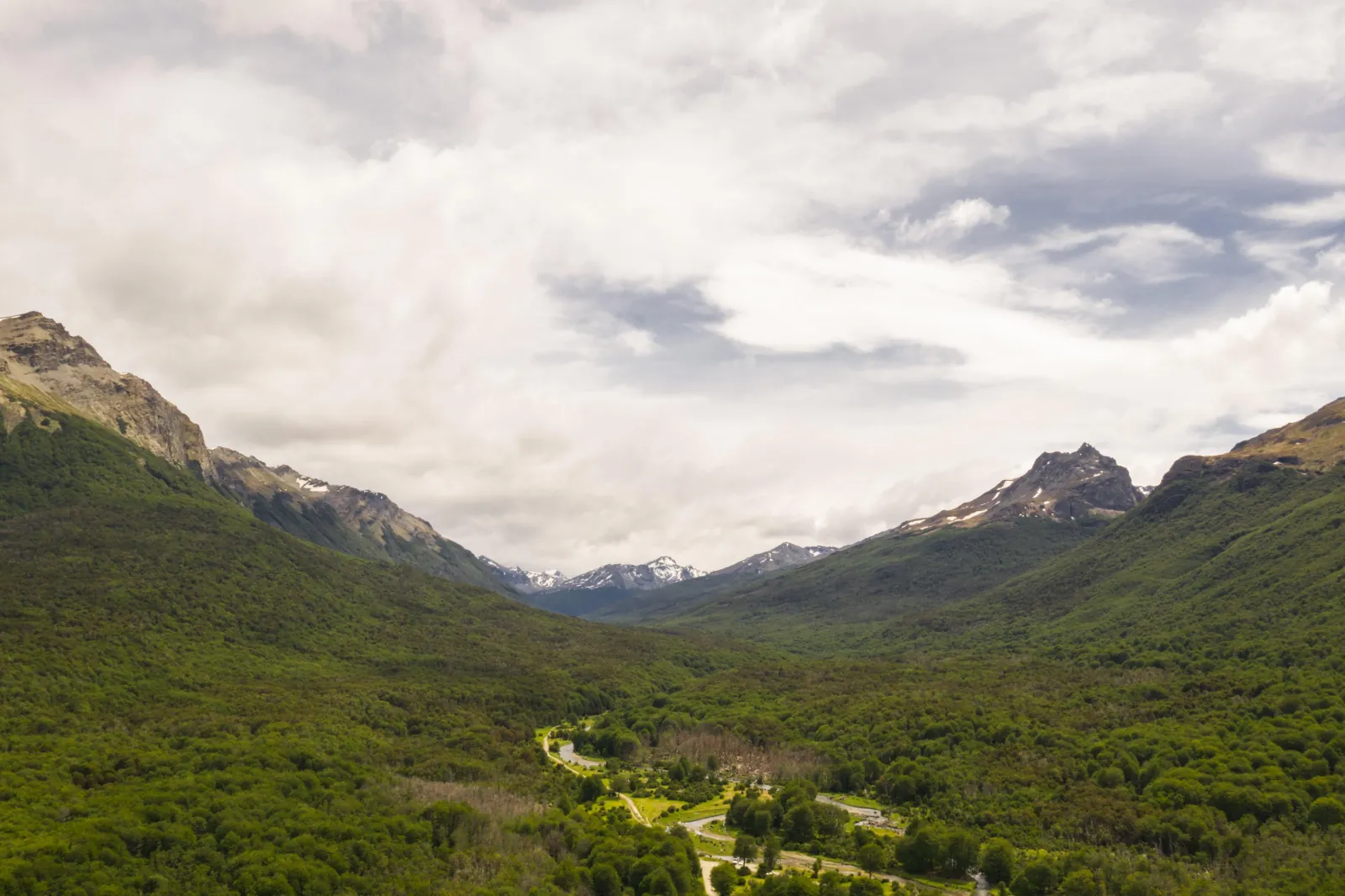 Wide green valley and mountains in Tierra del Fuego National Park