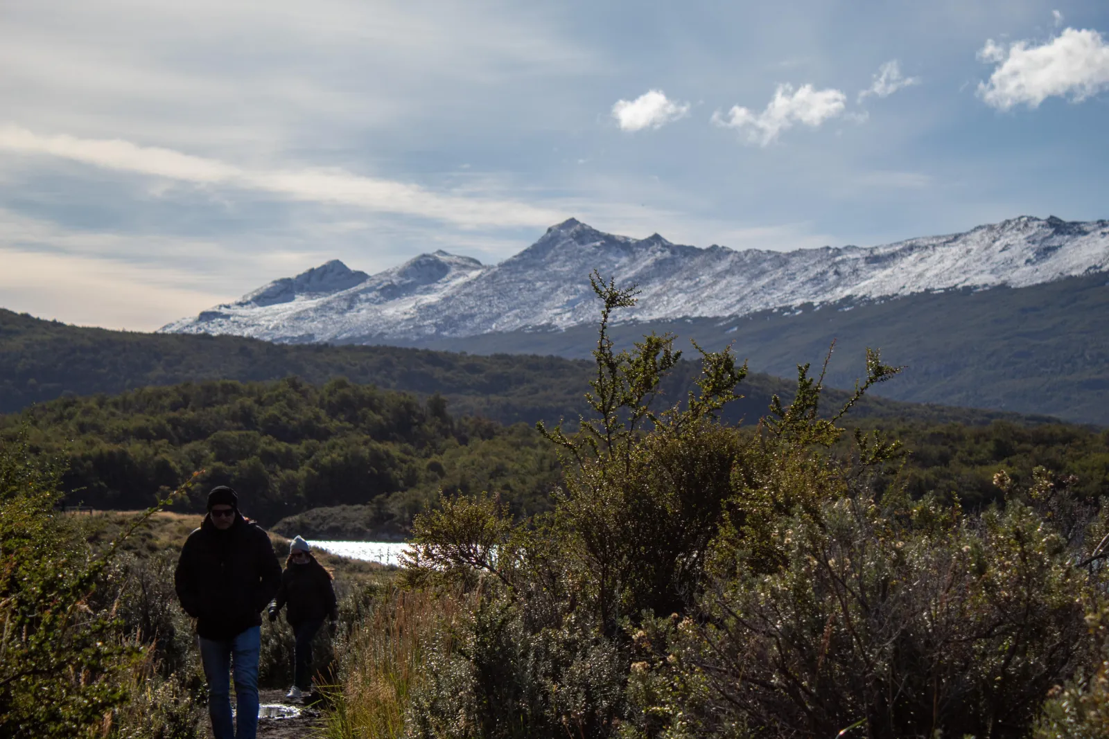 Walkers on a trail with snow-capped peaks beyond, Tierra del Fuego National Park