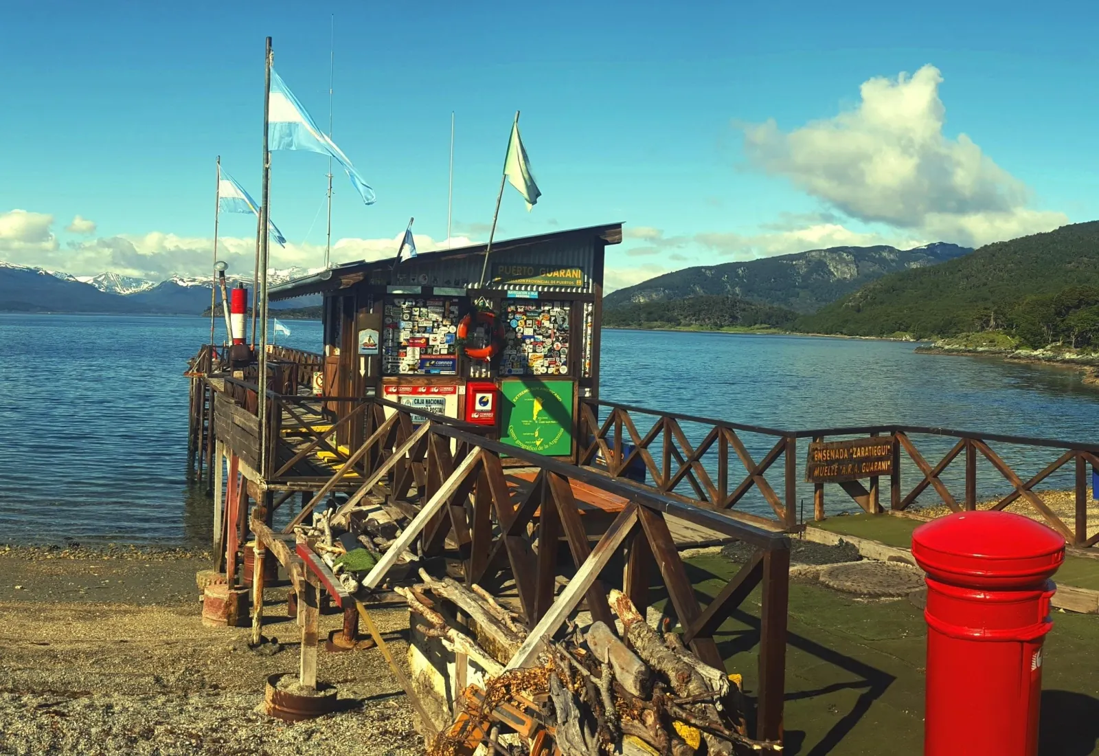 End of the World Post Office pier with its red postbox at Ensenada Zaratiegui