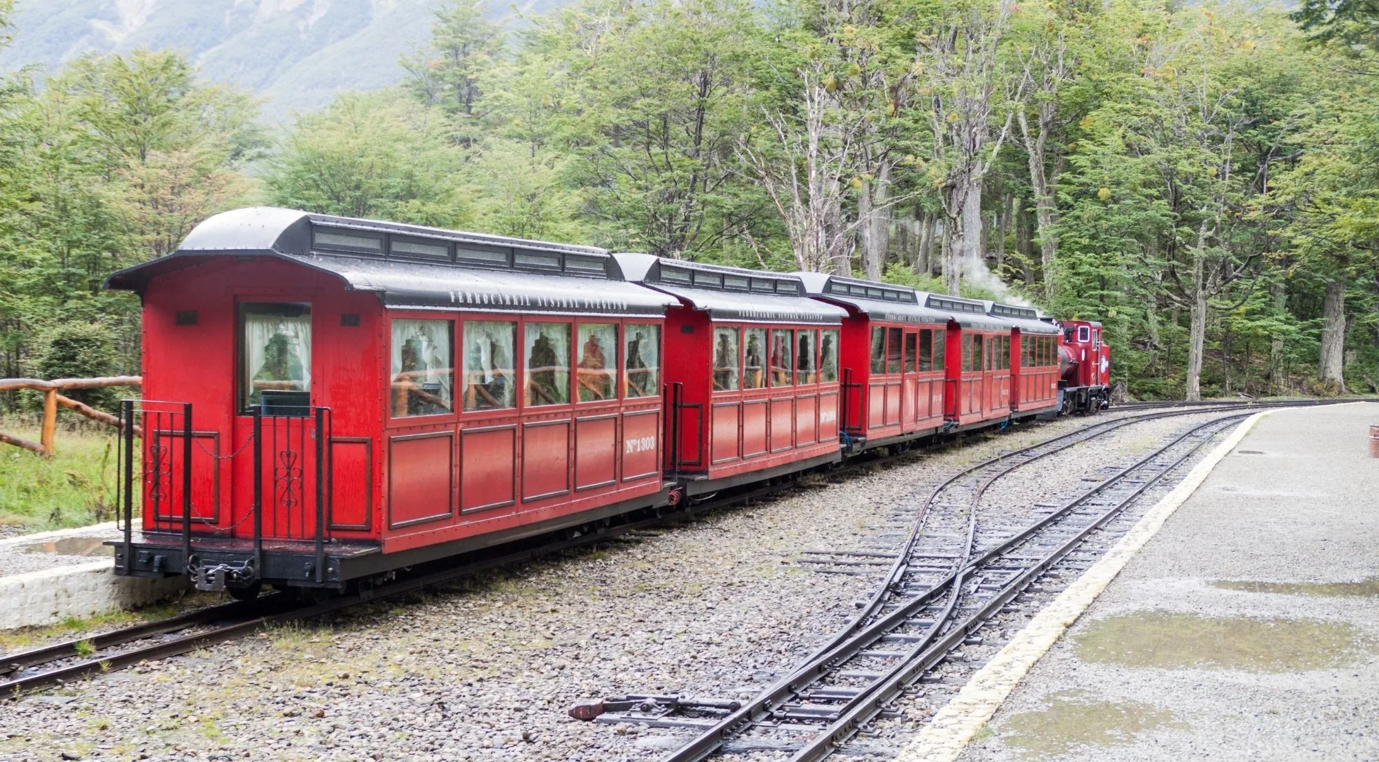 Red carriages of the End of the World Train on the track beside the forest
